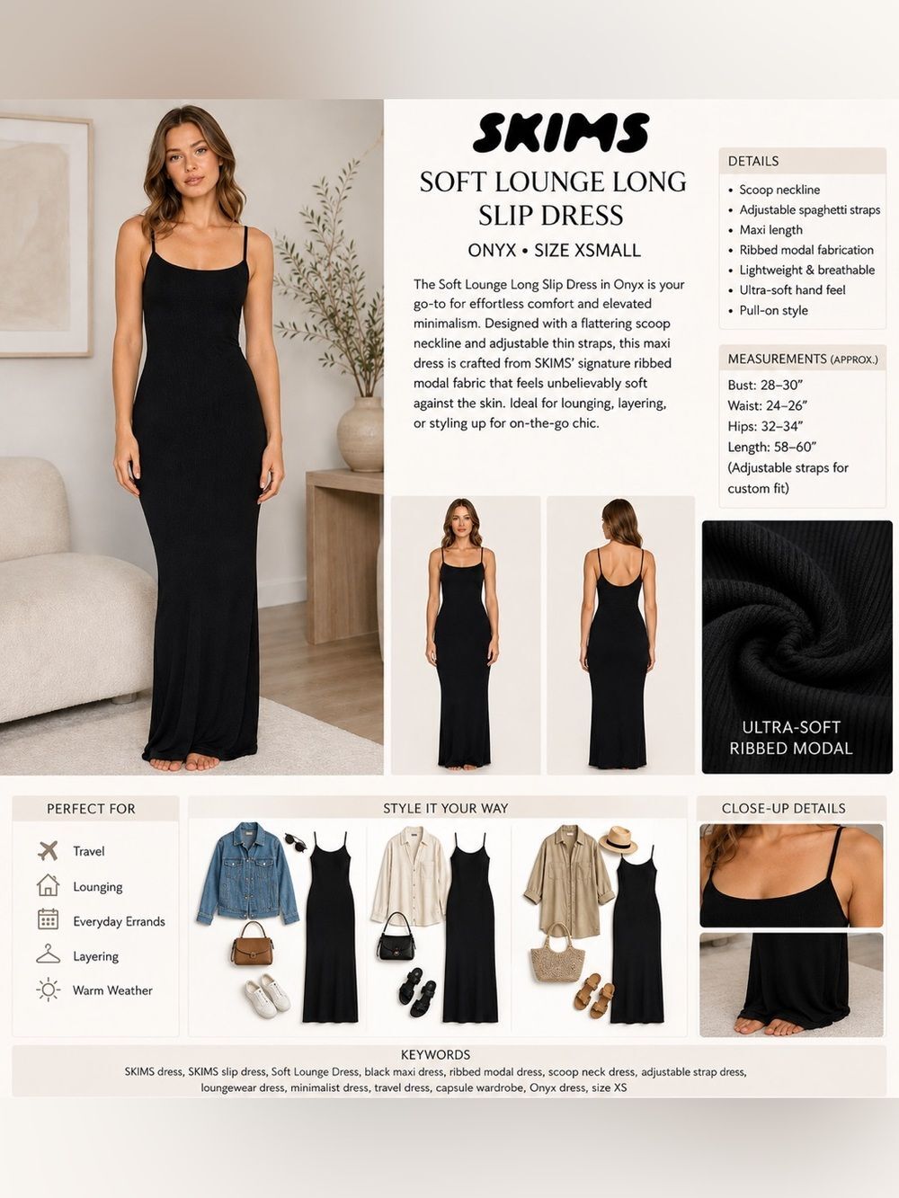 SKIMS Soft Lounge Long Slip Dress Onyx Black Ribbed Modal Maxi XSMALL